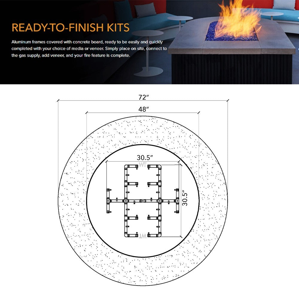 Fire pit enclosure layout diagram showing burner frame dimensions