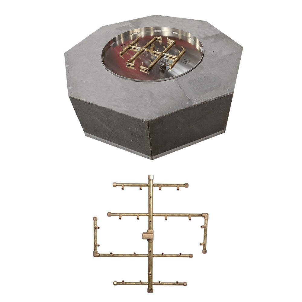 Octagonal steel fire pit enclosure with round burner opening and brass crossfire burner
