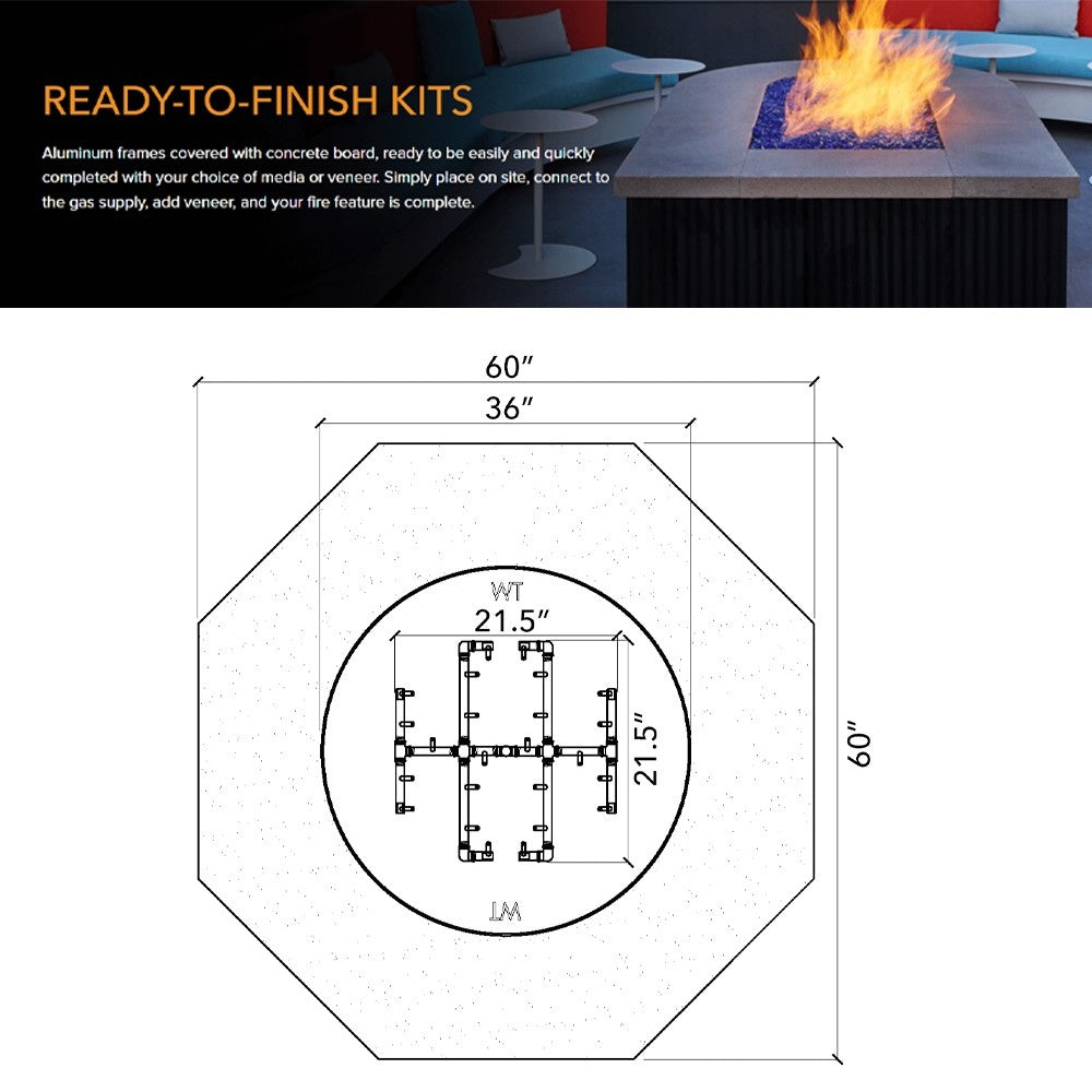 Octagonal fire pit enclosure dimensions diagram with burner layout circle