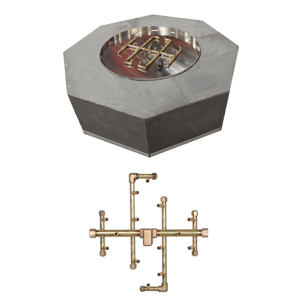 Octagonal fire pit enclosure with round burner head and brass gas manifold kit