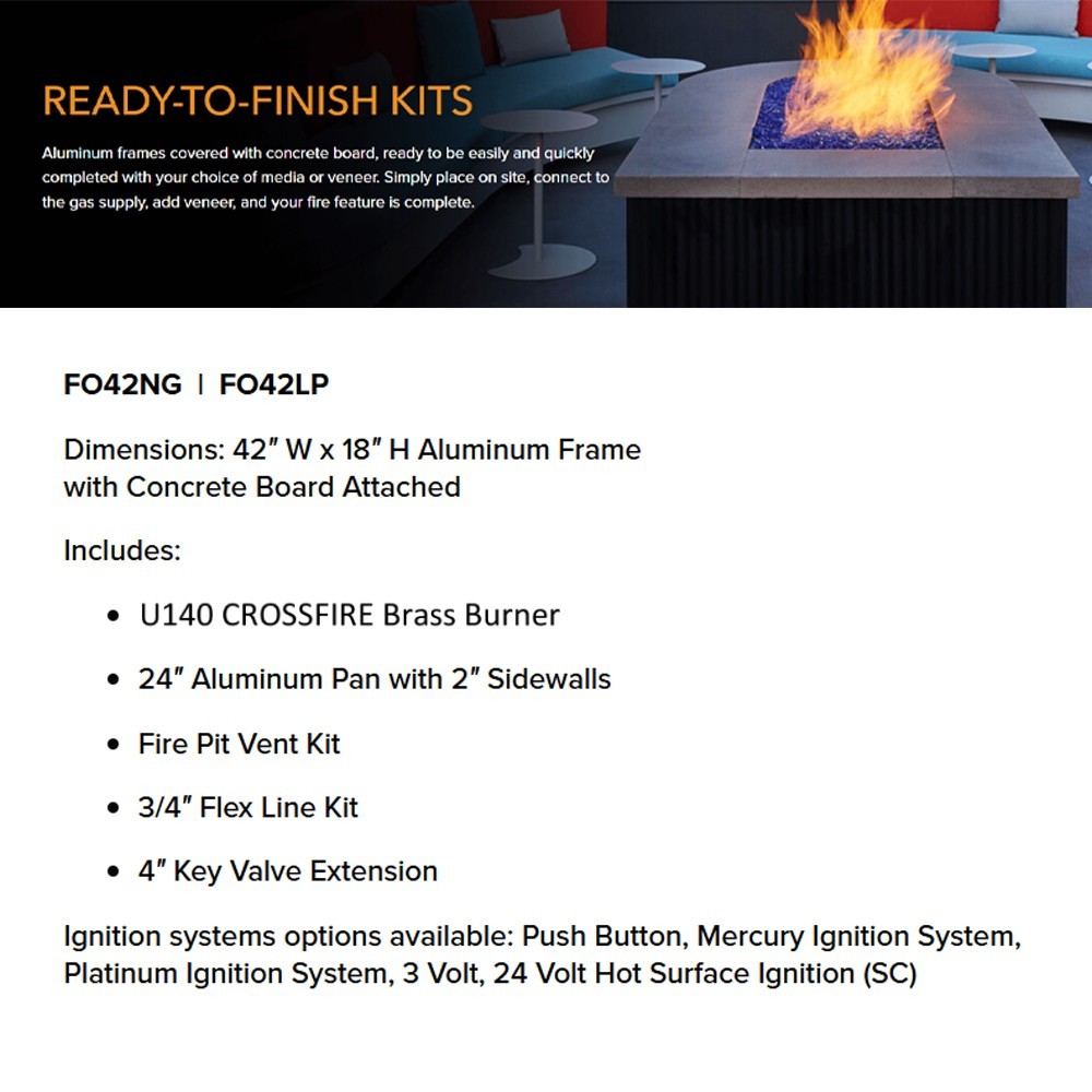 Ready-to-finish fire pit kit layout showing dimensions and included burner components