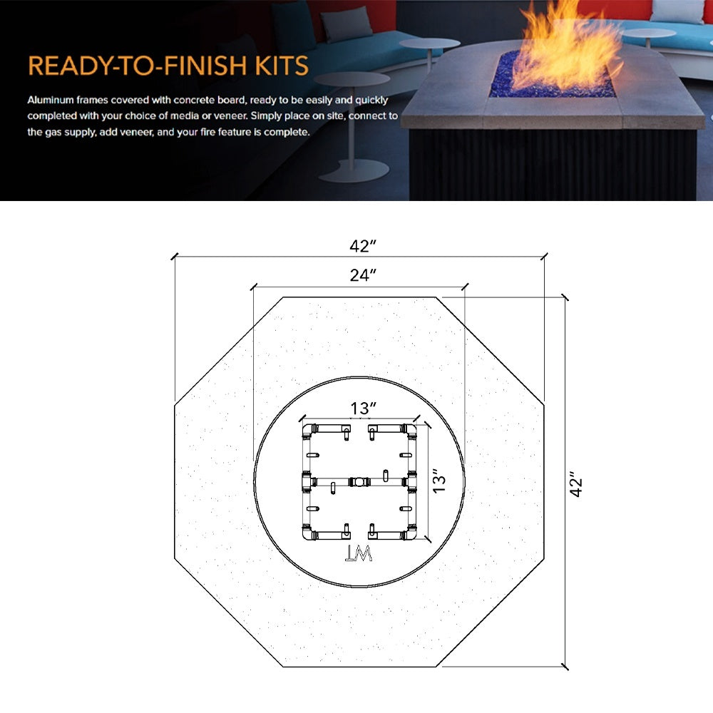 Octagon fire pit enclosure dimension diagram with circular burner inset