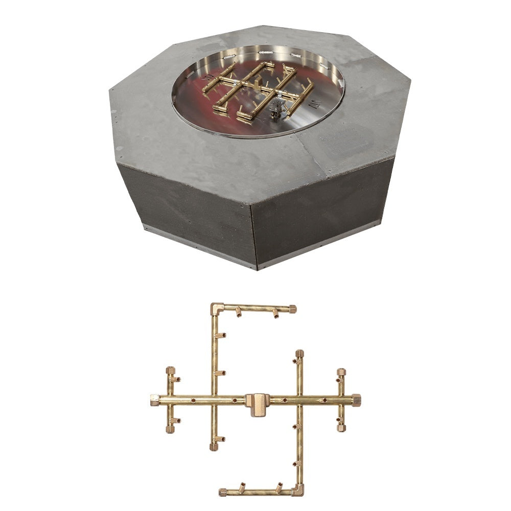 Octagonal fire pit enclosure with top burner plate and brass burner manifold assembly