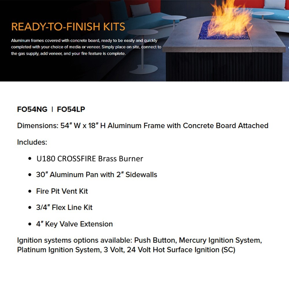 Ready-to-finish fire pit kit overview graphic with burner and ignition system options