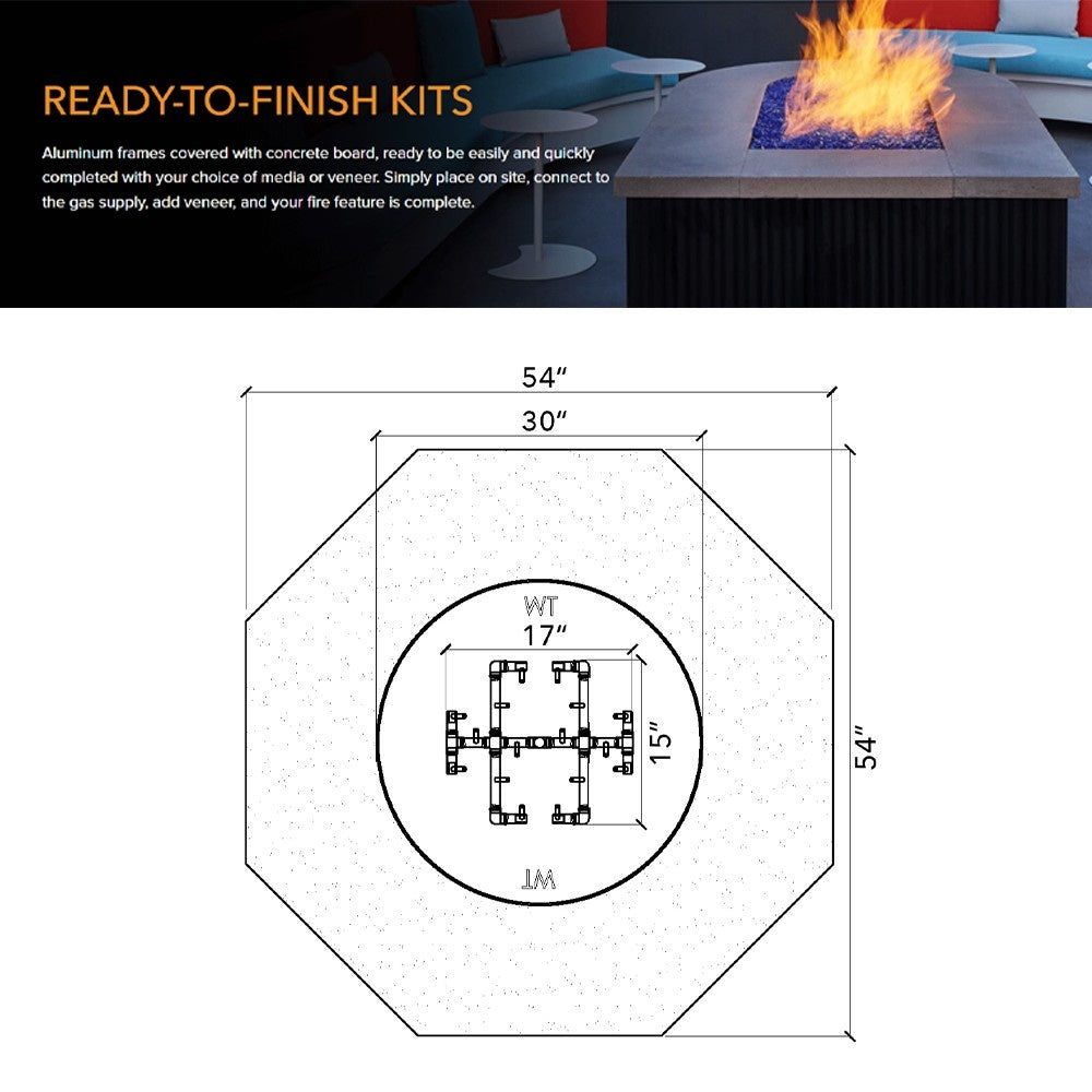 Octagonal fire pit enclosure dimensions diagram with burner layout circle