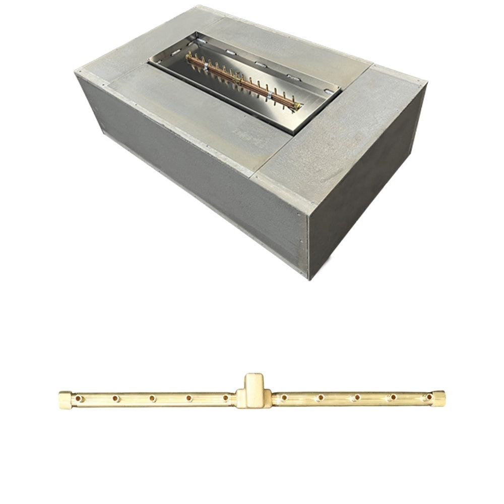 Rectangular fire pit enclosure with open top and burner tray plus burner rod component