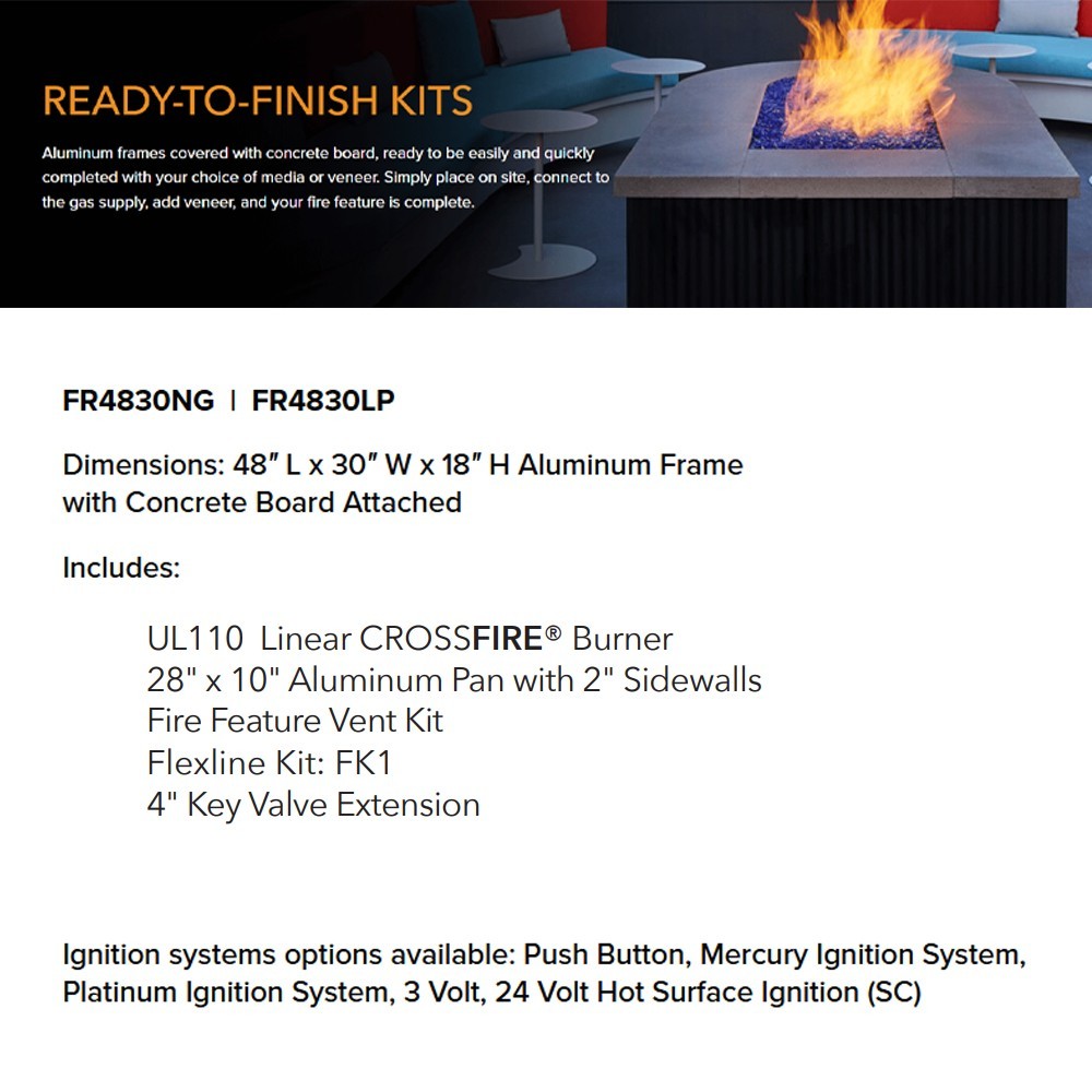 Ready-to-finish fire pit kit info graphic showing included burner pan, fire feature kit, and valve