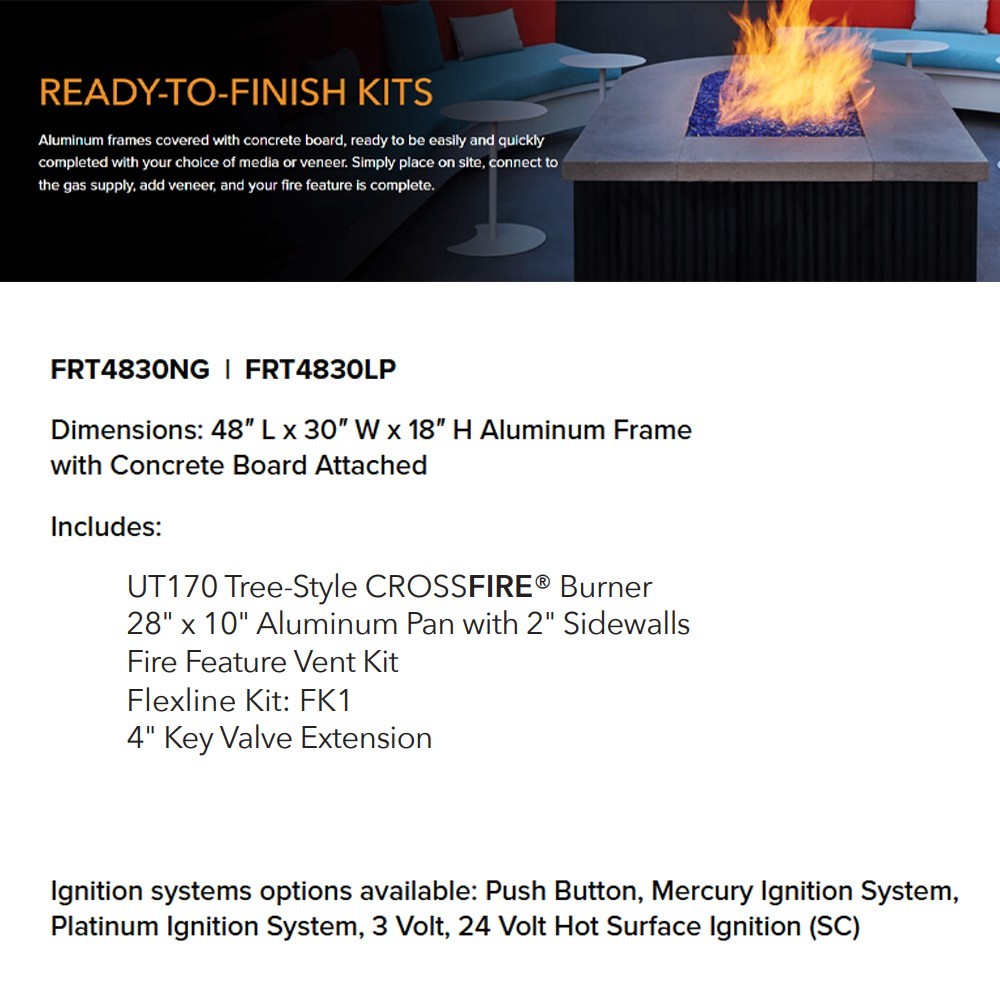 Ready-to-finish fire pit kit info graphic listing tree-style burner, pan, fire kit, and key valve