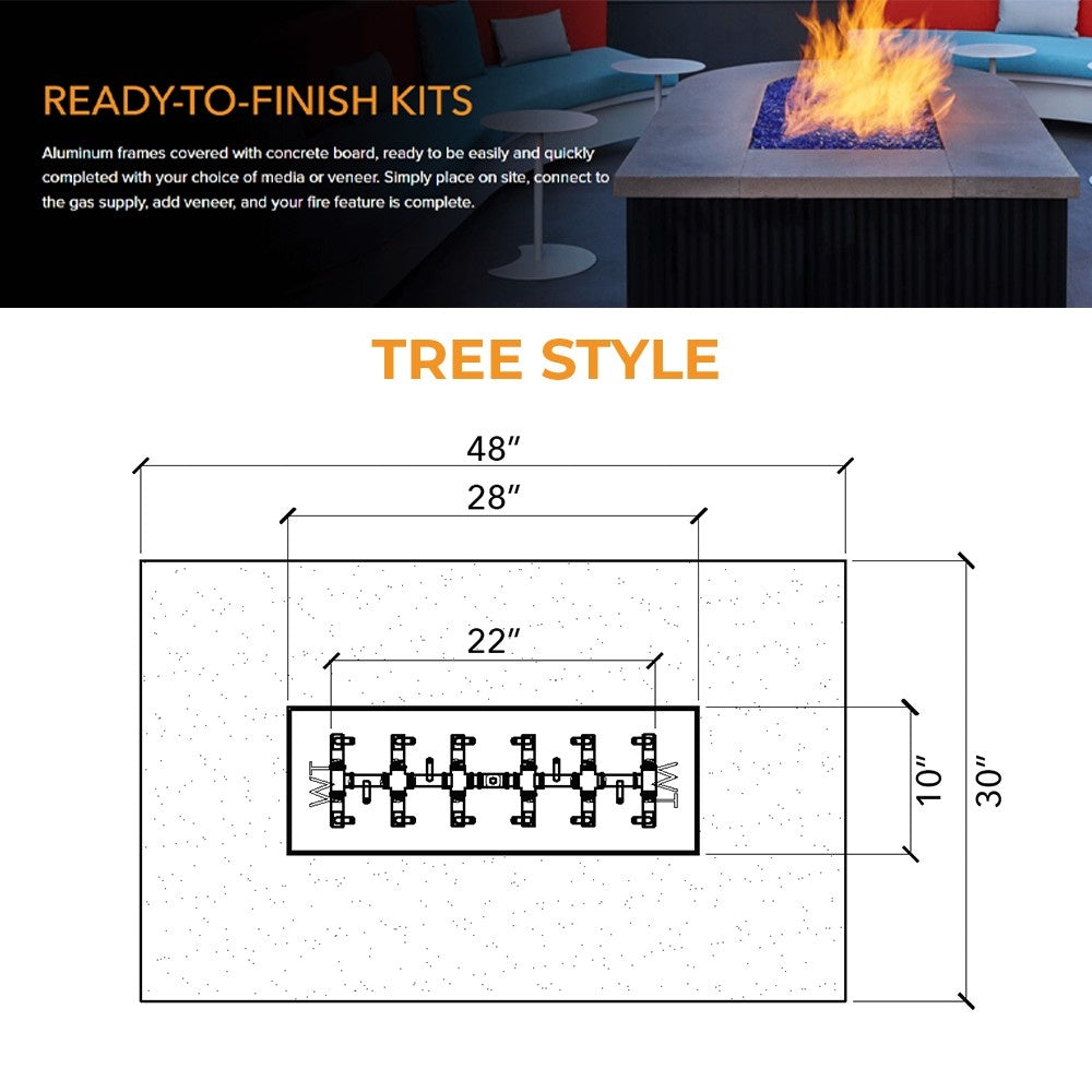 Tree-style burner layout diagram for 48 x 30-inch fire pit enclosure dimensions