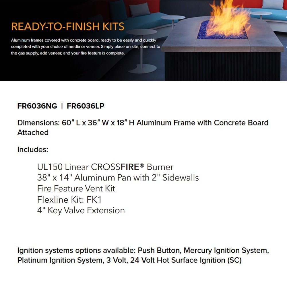 Ready-to-finish fire pit kit brochure page showing burner kit and ignition option listing