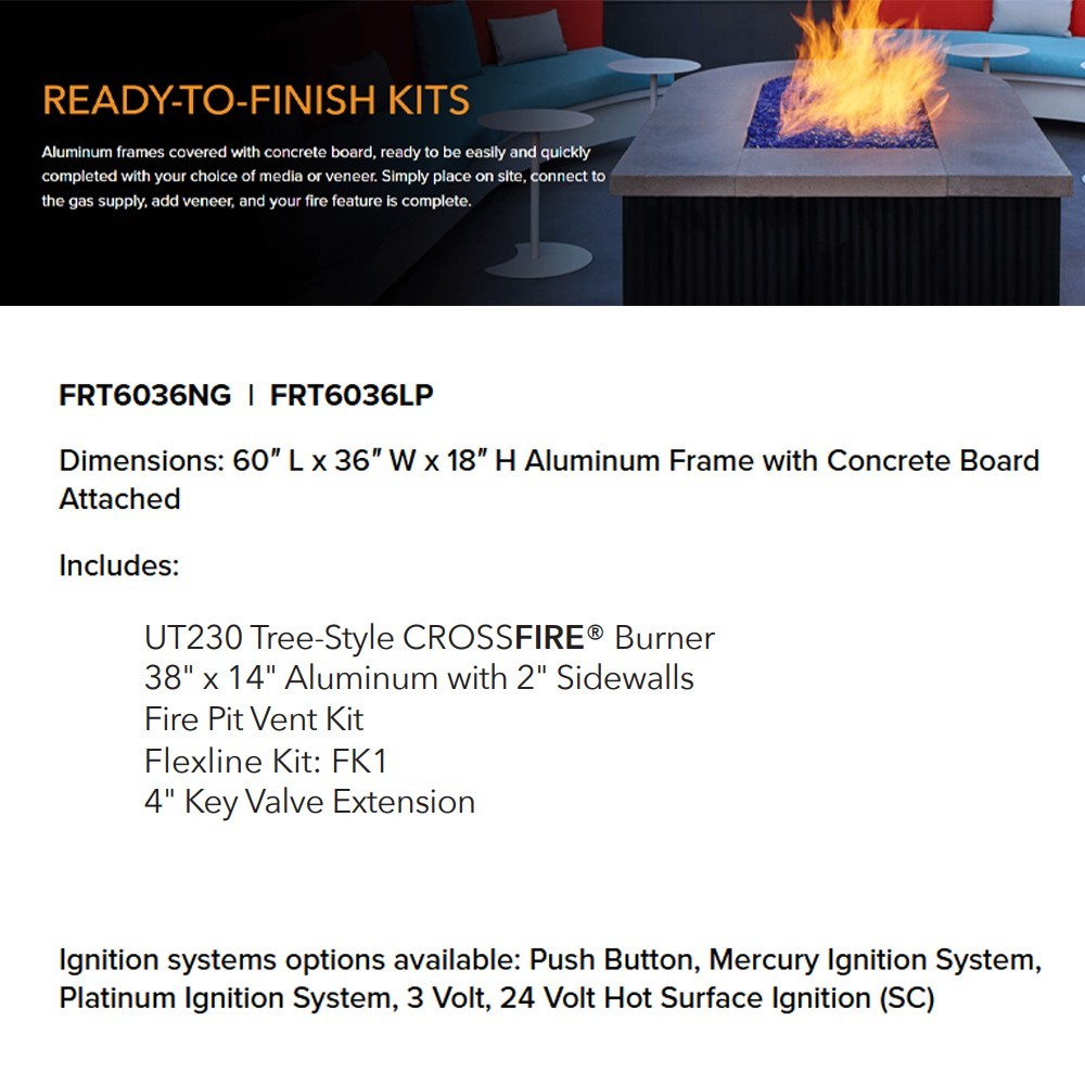 Ready-to-finish fire pit kit brochure page showing tree-style burner kit and ignition options