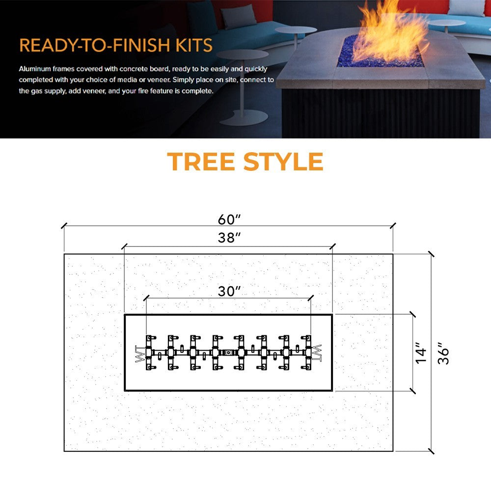 Tree-style fire pit burner layout diagram with labeled 60 in by 36 in dimensions