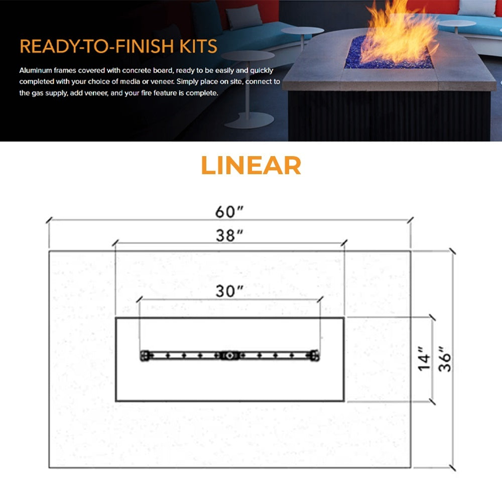 Linear fire pit burner layout diagram with labeled 60 in by 36 in dimensions