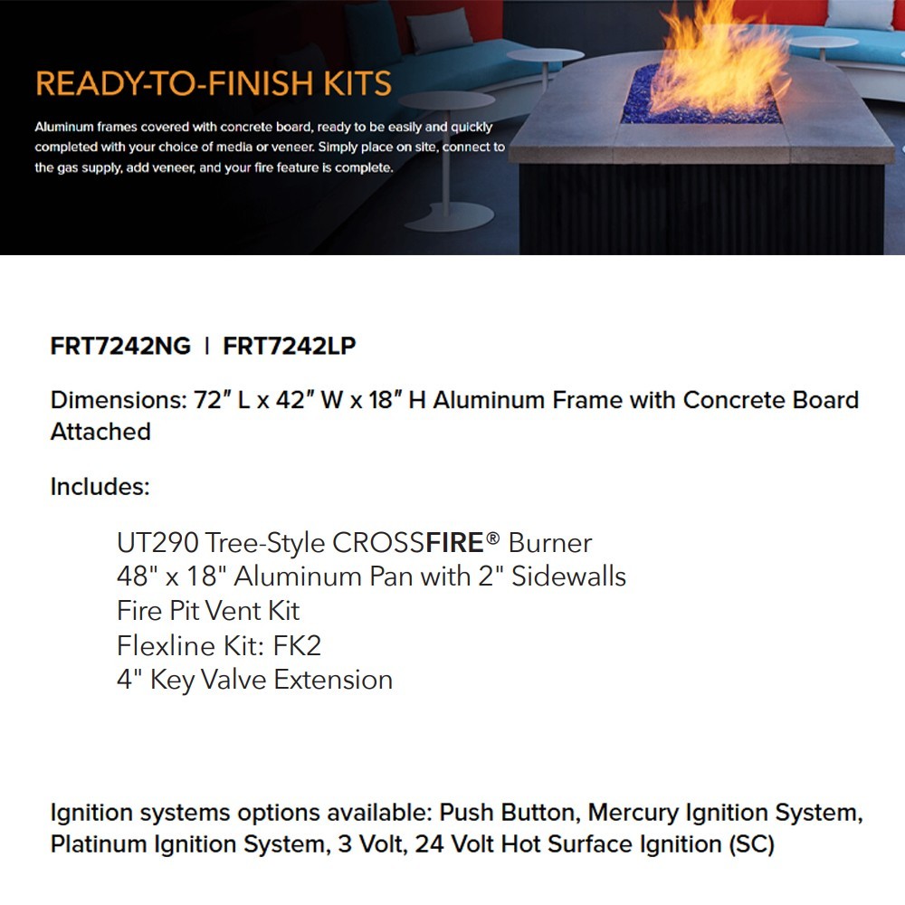 Ready-to-finish fire pit enclosure kit brochure page with burner and frame details
