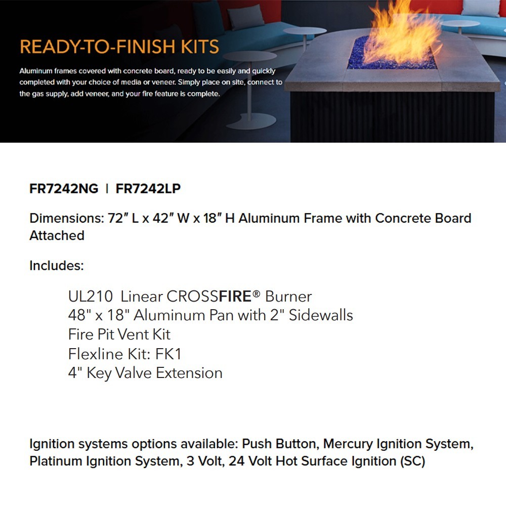 Ready-to-finish fire pit enclosure kit brochure page showing linear burner configuration