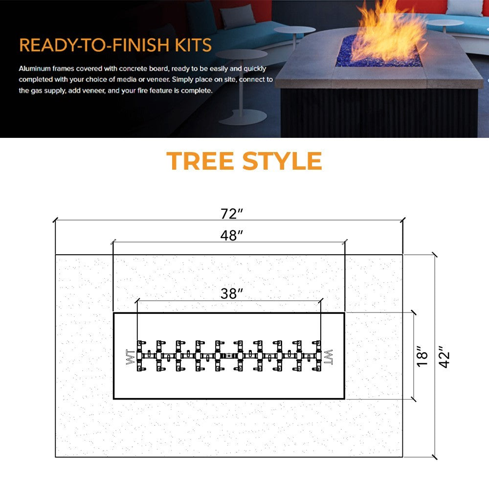Tree-style fire pit enclosure layout diagram with dimensions and burner span