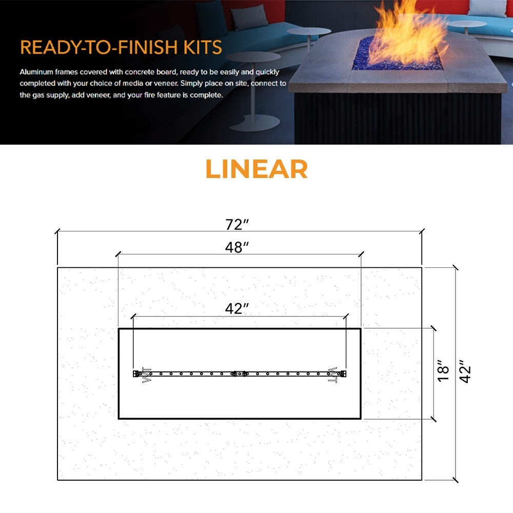 Linear fire pit enclosure layout diagram with dimensions and burner length