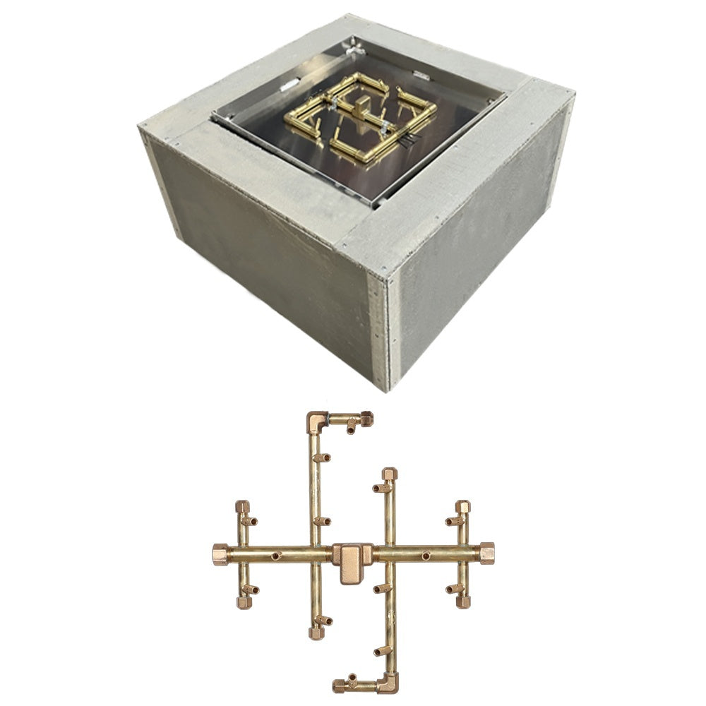 Square metal fire pit enclosure with open top and brass crossfire burner frame kit