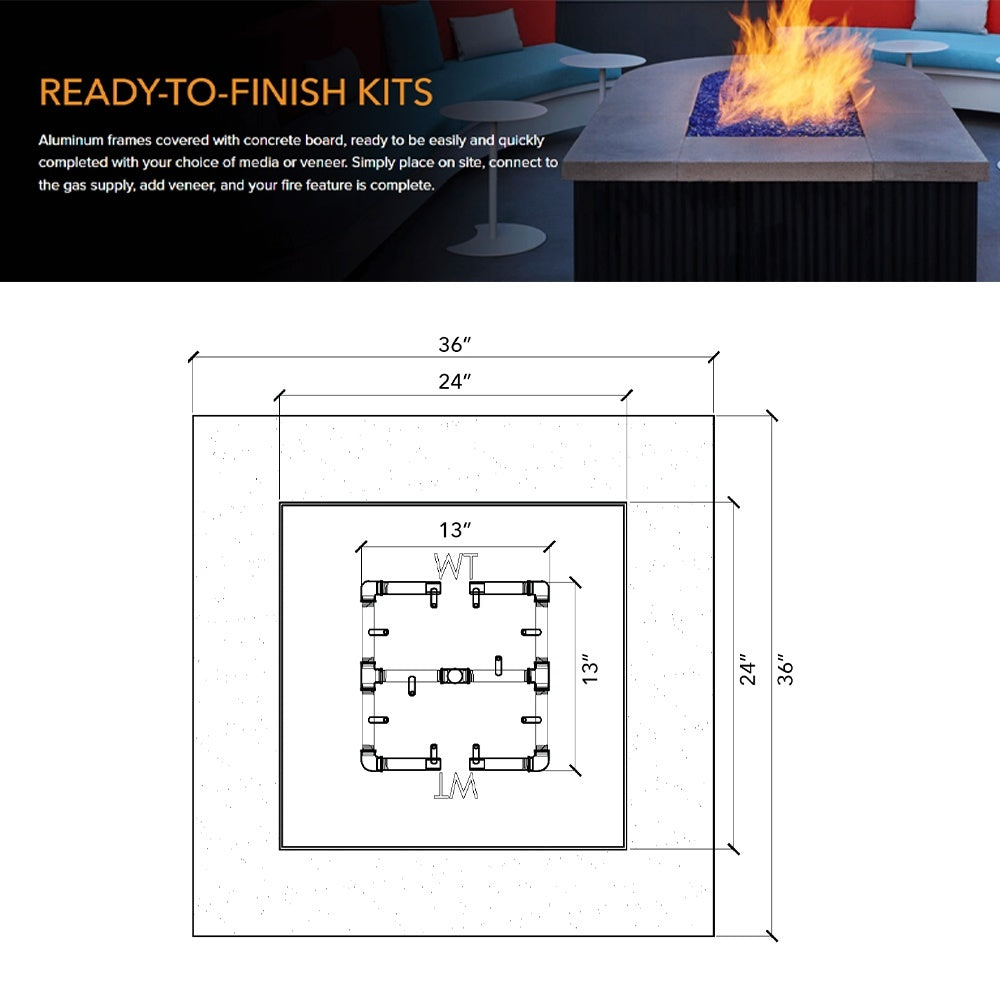 Top-down diagram of square fire pit enclosure frame and burner piping layout