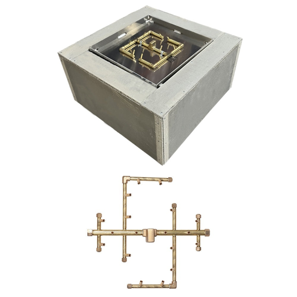 Square fire pit enclosure with burner kit: gold gas pipe and manifold parts