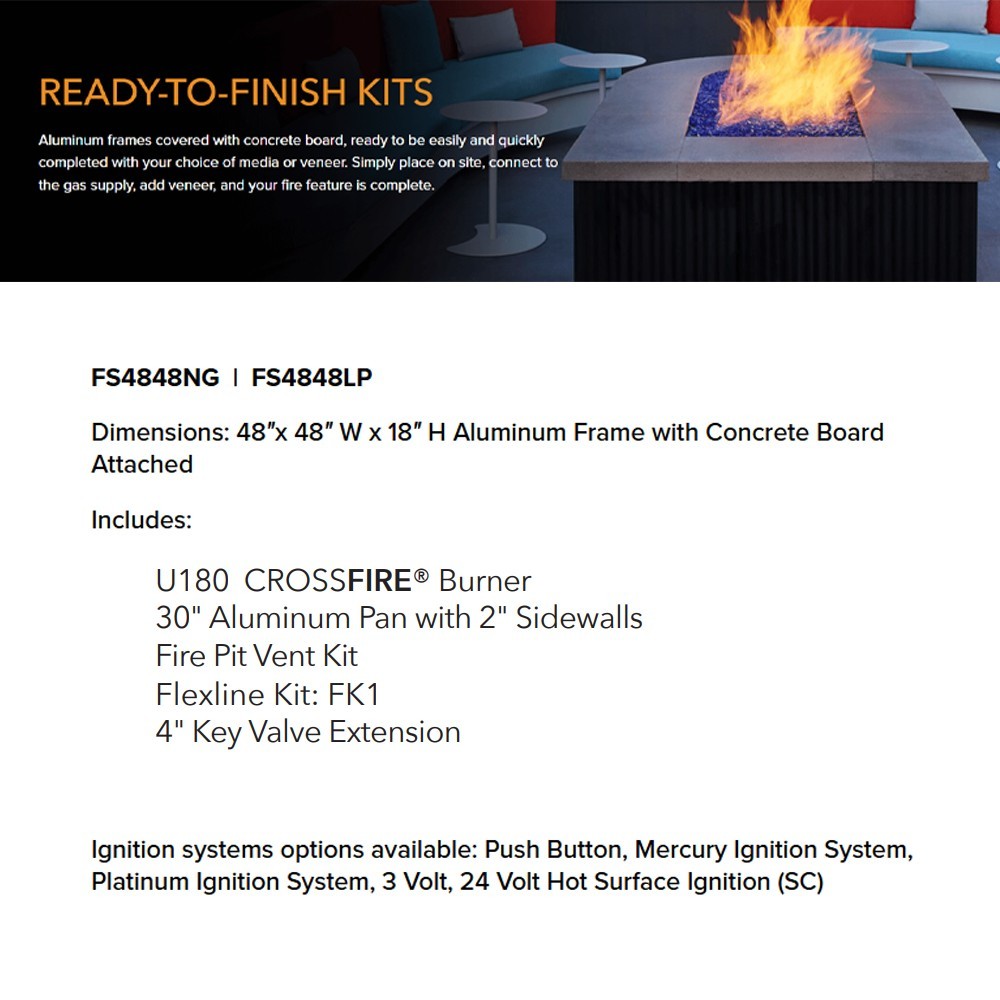 Square ready-to-finish fire pit enclosure kit components and burner specification layout