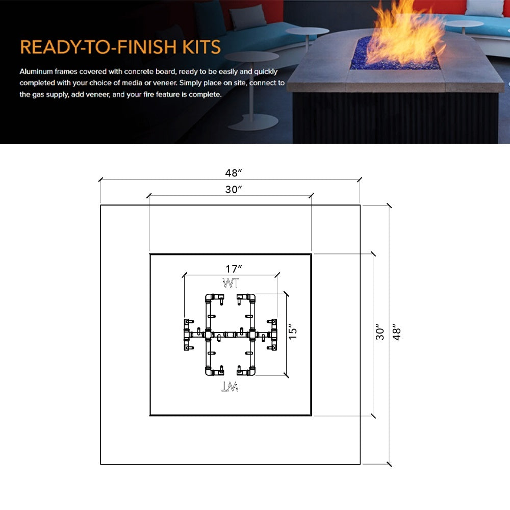Square fire pit enclosure kit diagram with dimensions and burner placement layout