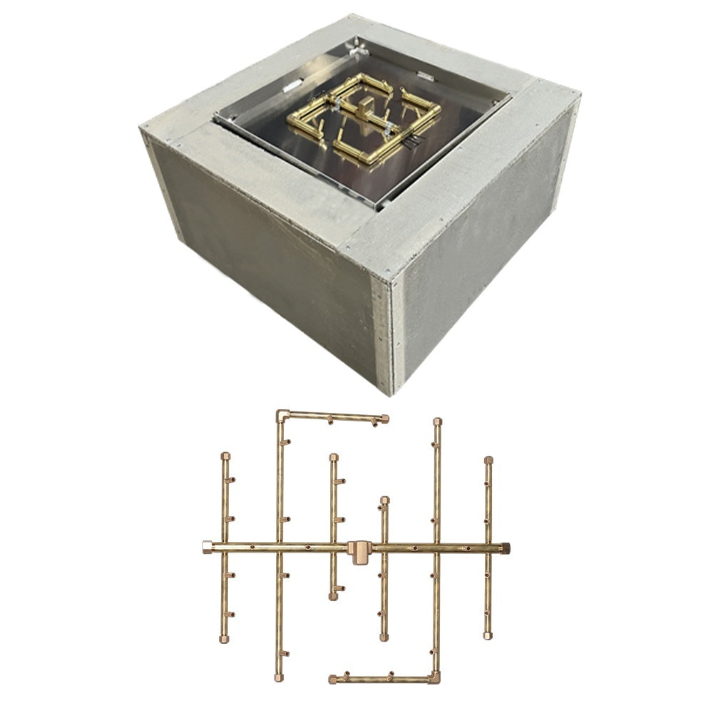 Square concrete fire pit enclosure with brass crossfire burner assembly