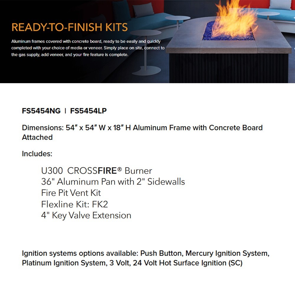 Ready-to-finish fire pit enclosure kit info panel with burner package list