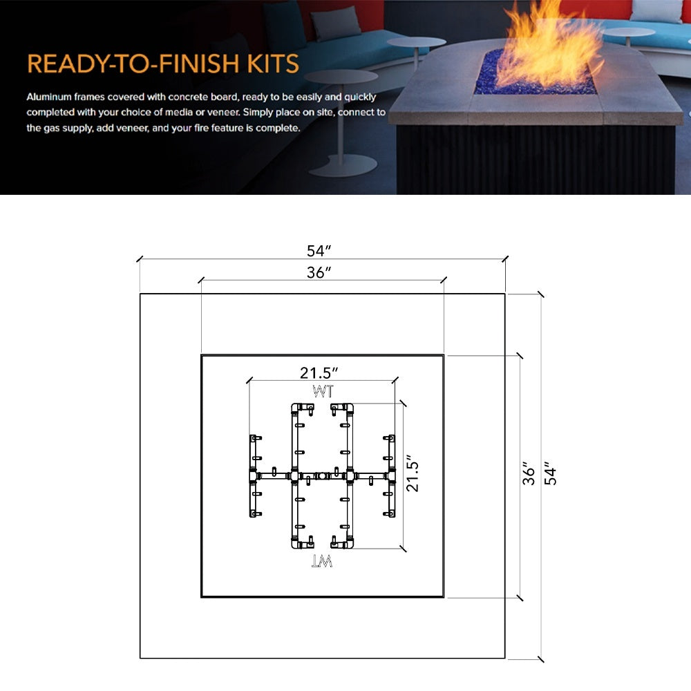 Fire pit enclosure dimension diagram showing square layout and burner placement