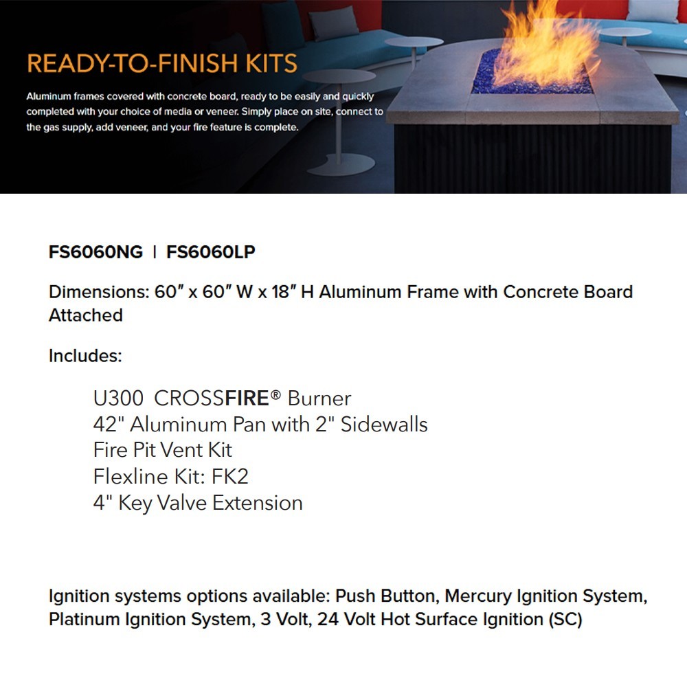Ready-to-finish square fire pit kit with Crossfire burner and ignition system options