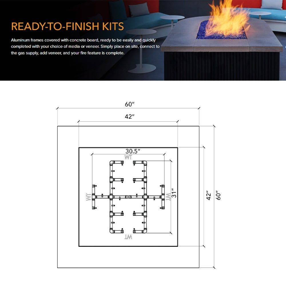 Square fire pit enclosure kit diagram with outer dimensions and inner burner layout
