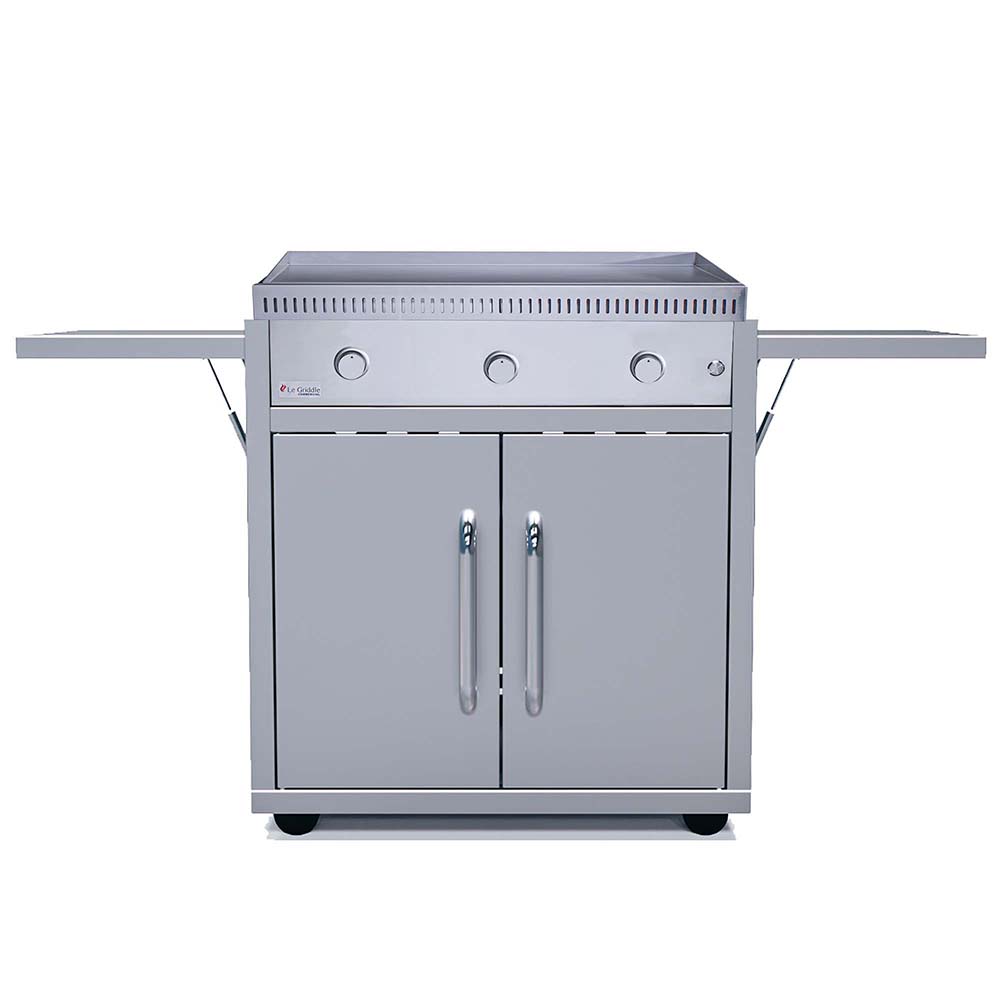 Freestanding stainless gas griddle with vented cooktop and front control knobs