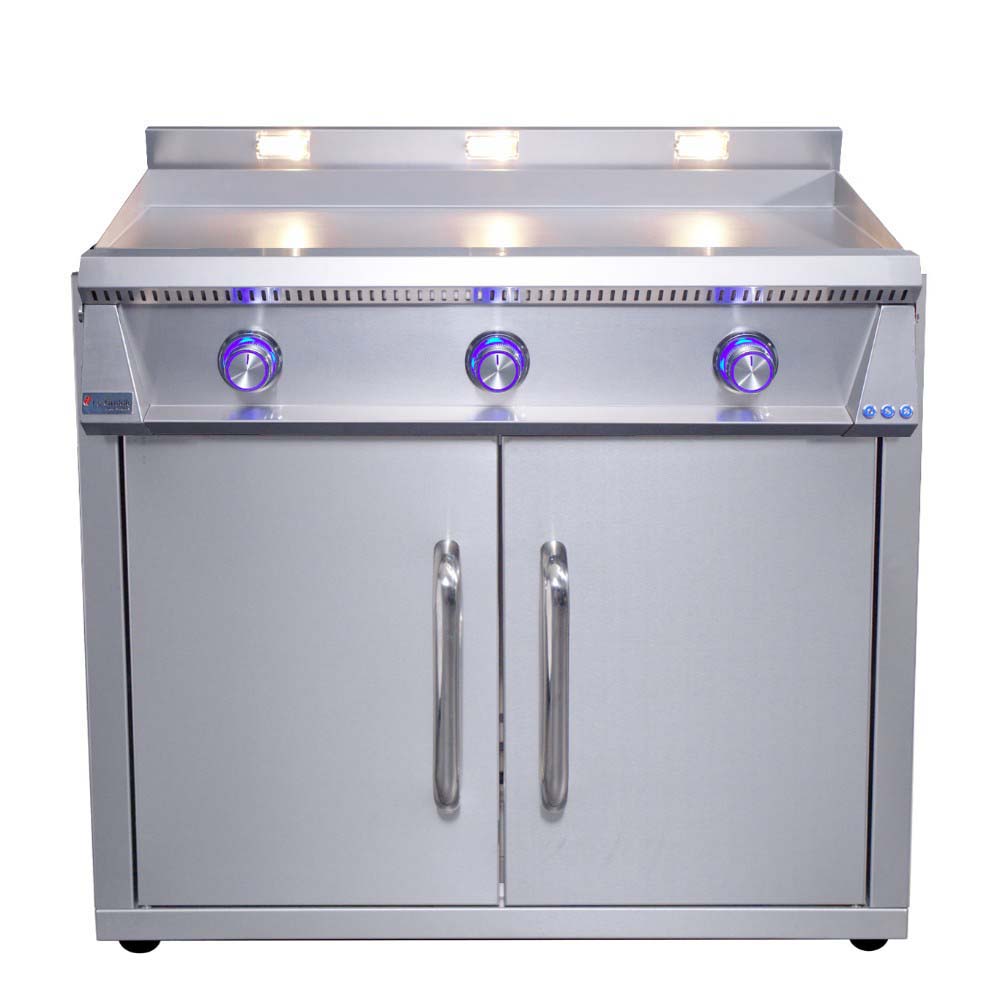 Stainless steel freestanding gas griddle with open doors and three blue-lit burner knobs
