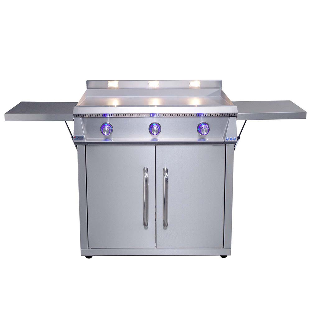 Freestanding stainless steel gas griddle with two doors and three burner control knobs