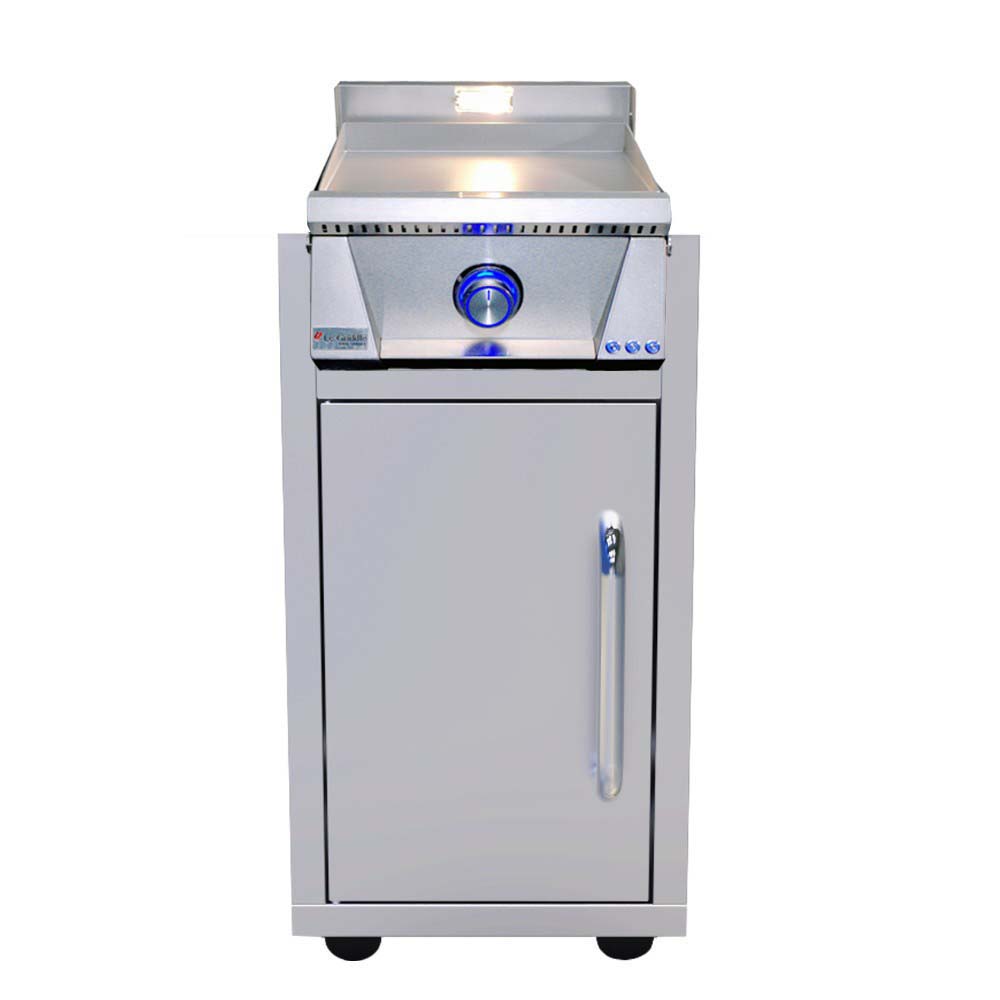 Freestanding stainless steel gas griddle with blue control knob and front access door