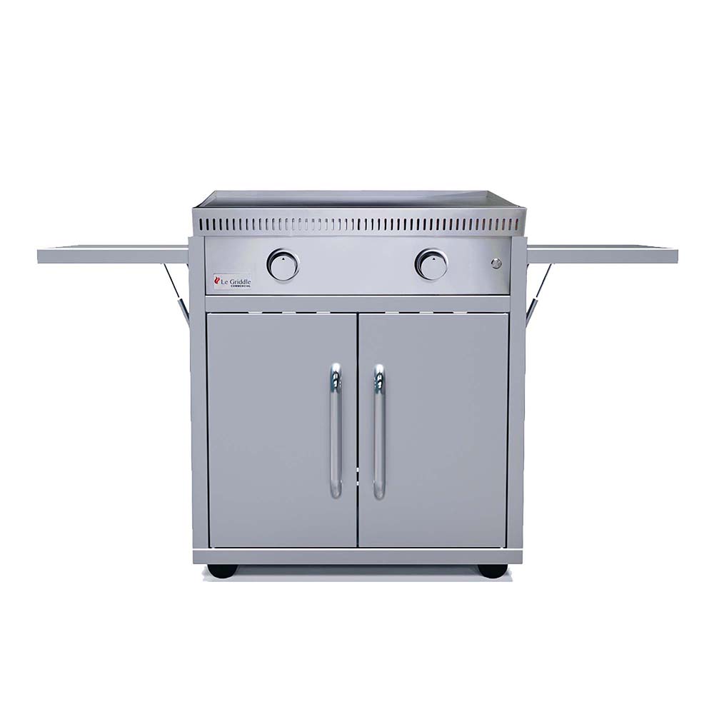 Freestanding commercial gas griddle with two front control knobs, stainless body