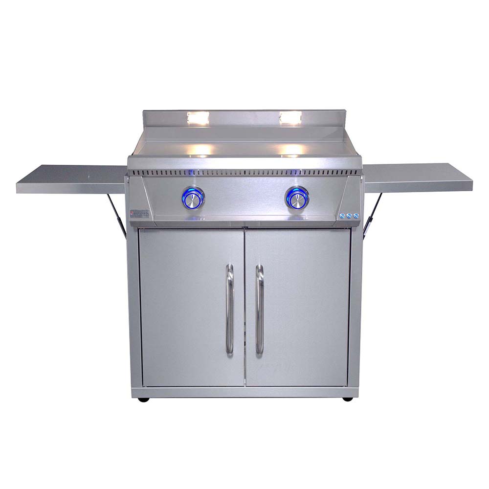 Le Griddle Pro 75 freestanding gas griddle, stainless front with blue control knobs