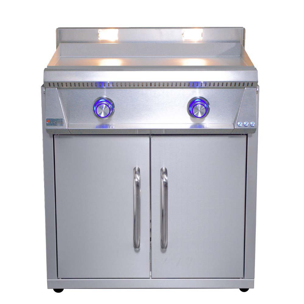 Le Griddle Pro 75 freestanding gas griddle, stainless body with blue control knobs