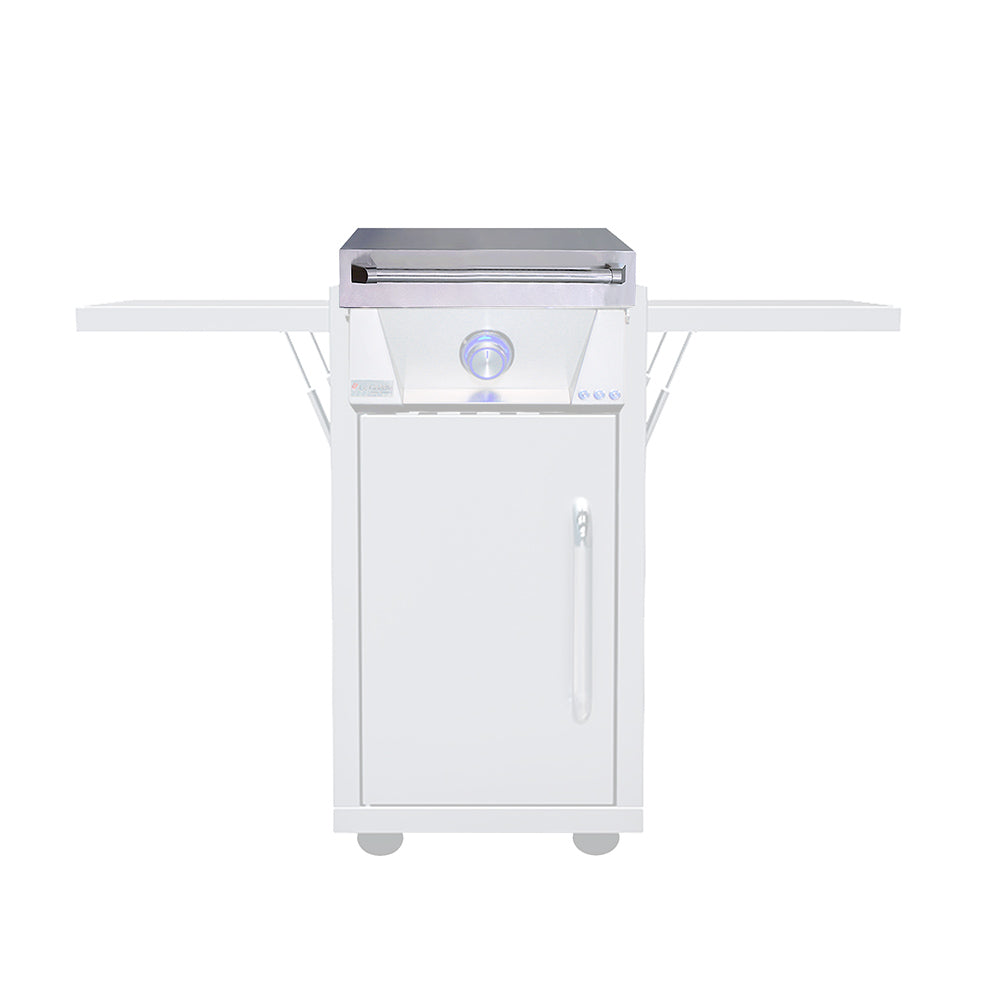 Stainless steel griddle lid installed on a countertop grill, front view