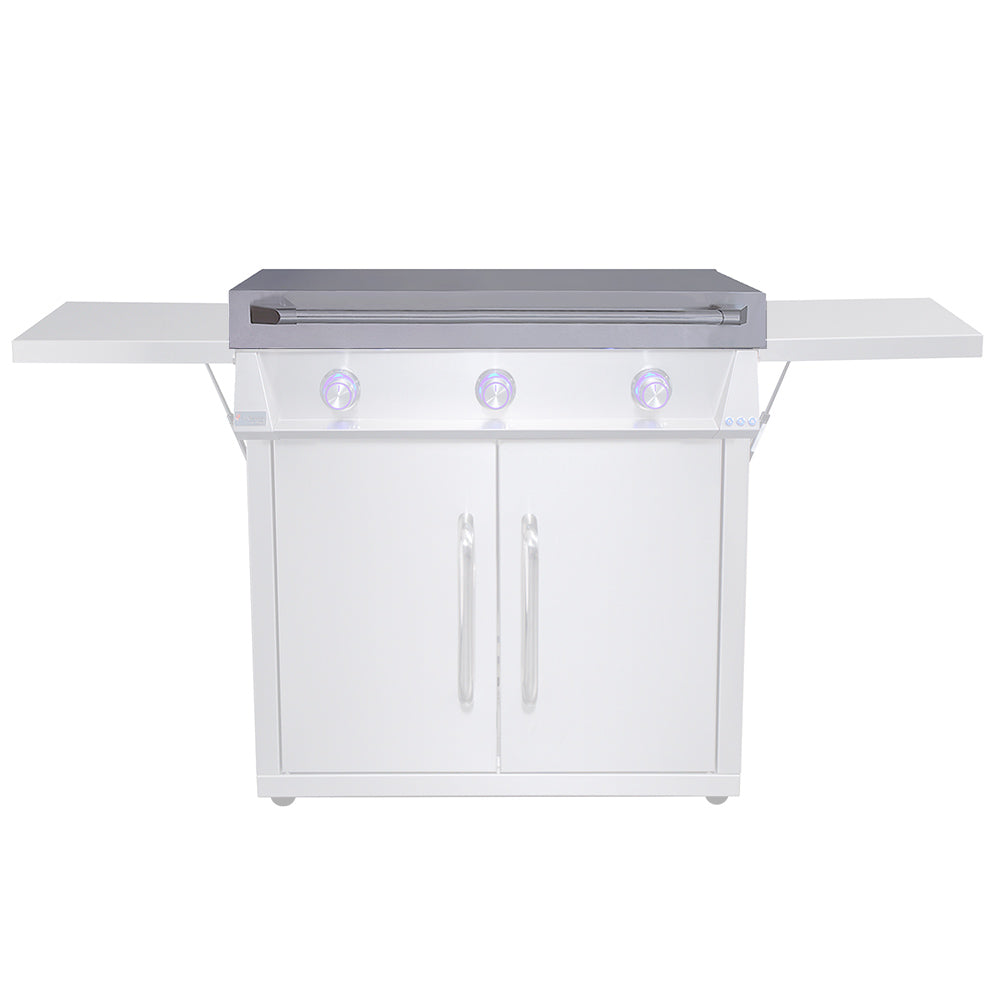 Outdoor griddle with centered stainless steel lid and handle rod