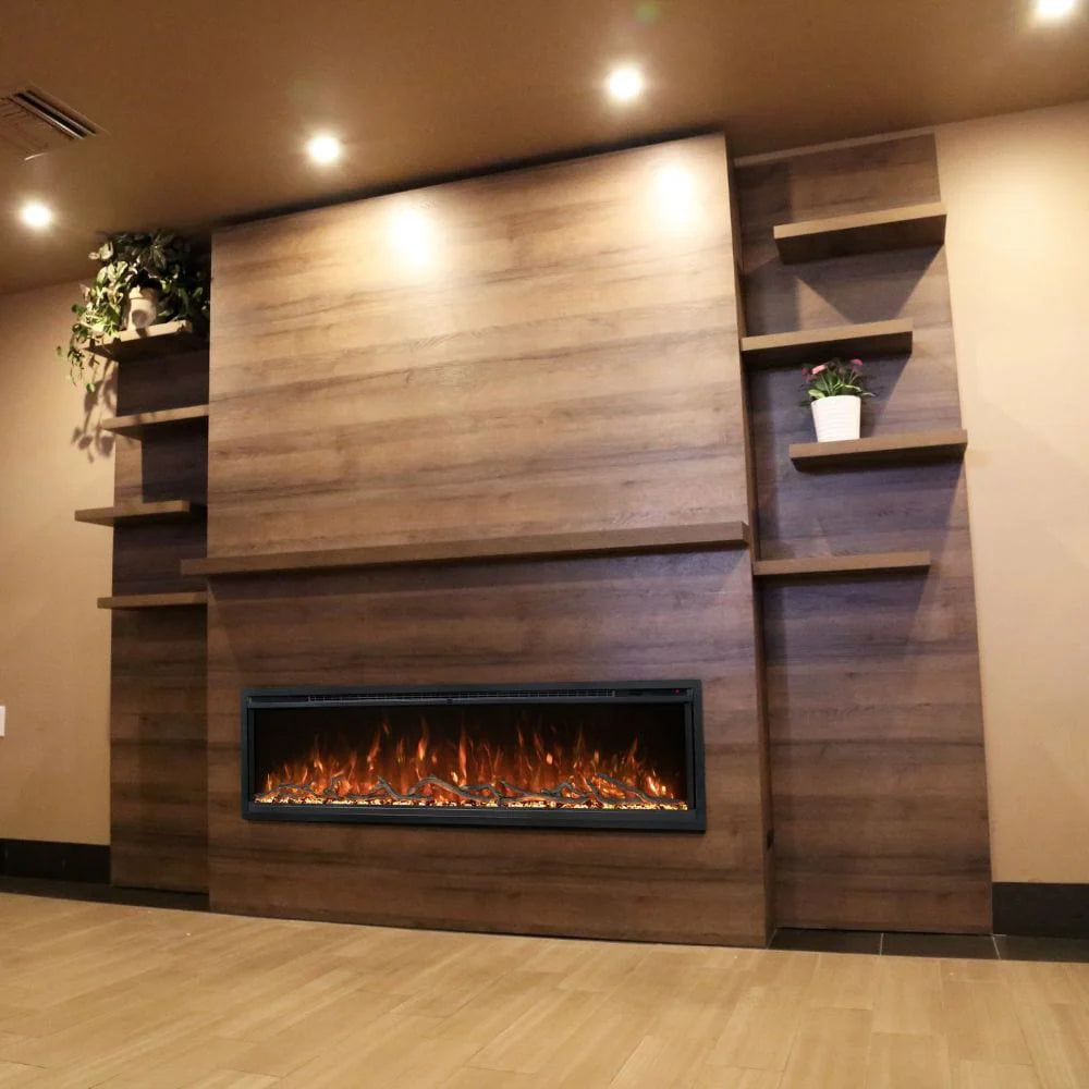 Linear electric fireplace with light wood media wall, black glass firebox, active flames