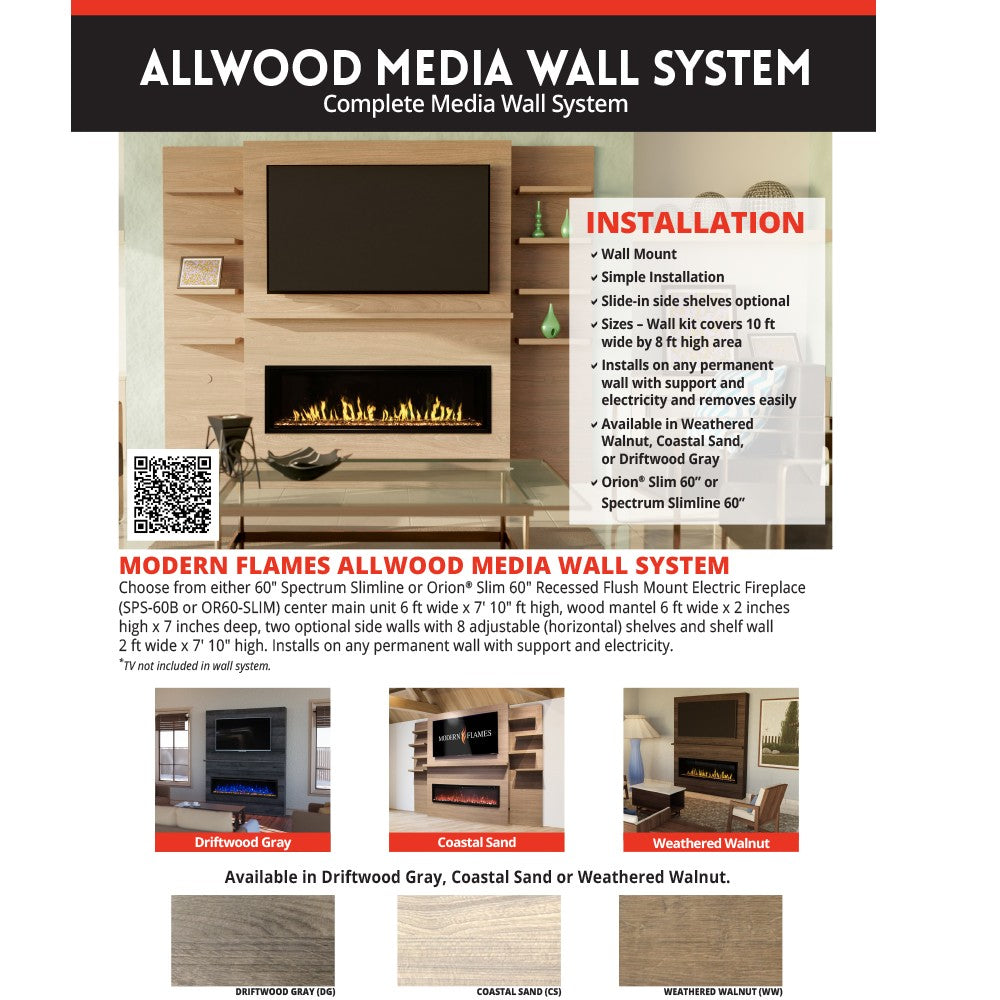 Allwood media wall system installation brochure with product diagram and color options