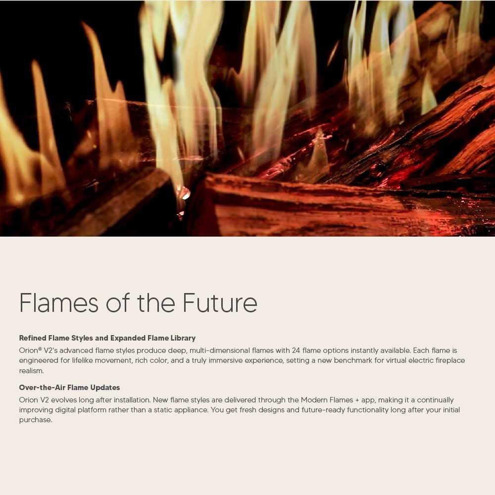 Promotional graphic about electric fireplace flame styles and feature overview