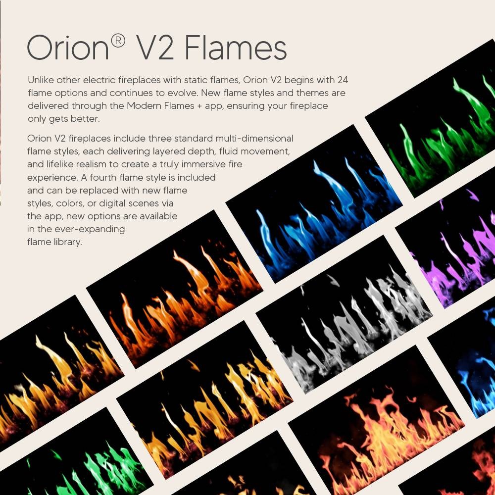 Orion V2 flames promotional graphic with multi-color flame panel collage