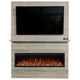 Linear electric fireplace with pale wood media wall, black glass screen, flame insert