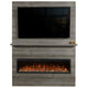 Linear electric fireplace with wood wall surround, black glass panel, burning flames