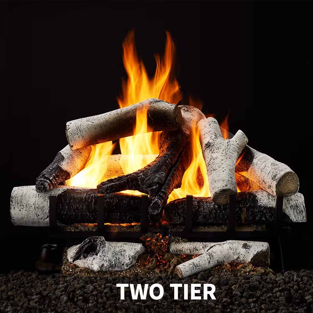 Vented gas log set with glowing flames, faux birch logs, two-tier design