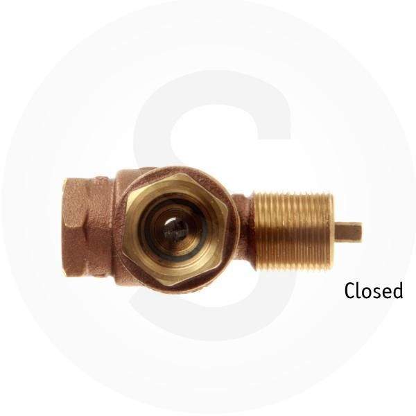 Angled gas shut-off valve with brown body, brass fitting, and valve marked Closed