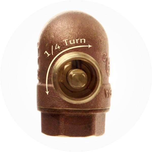 Angled gas shut-off valve with brown body and 1/4 Turn adjustment marking on dial