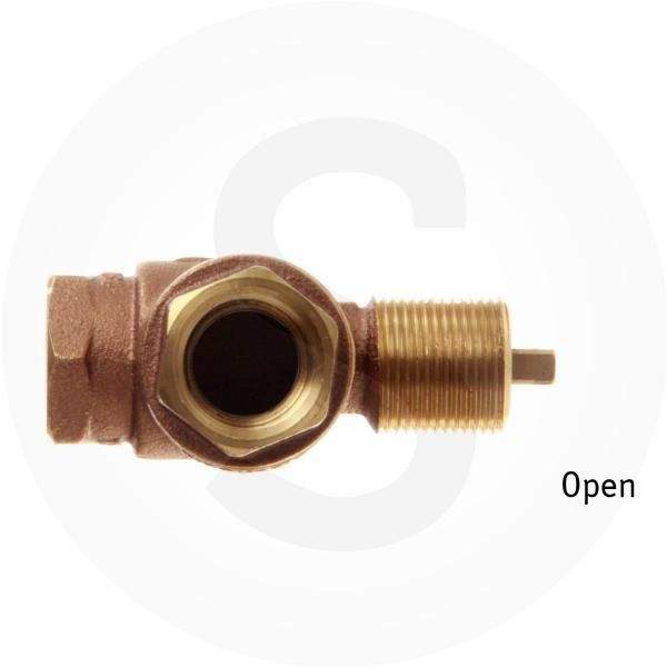 Angled gas shut-off valve with brown body, brass fitting, and valve marked Open